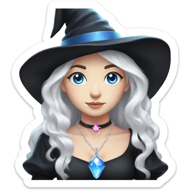 pale young witch wearing a low cut black dress, a pink crystal necklace, and a witch hat, with white hair and bright blue eyes, making prayer hand sticker
