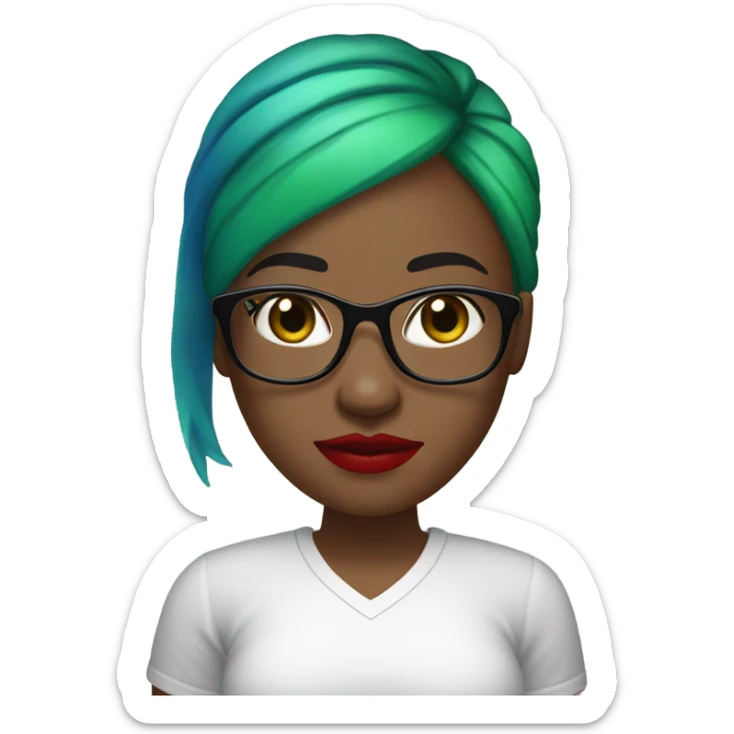 A bald black woman with glasses woman in a white tee shirt with red, black, and green flag in one hand with blue lipstick. sticker