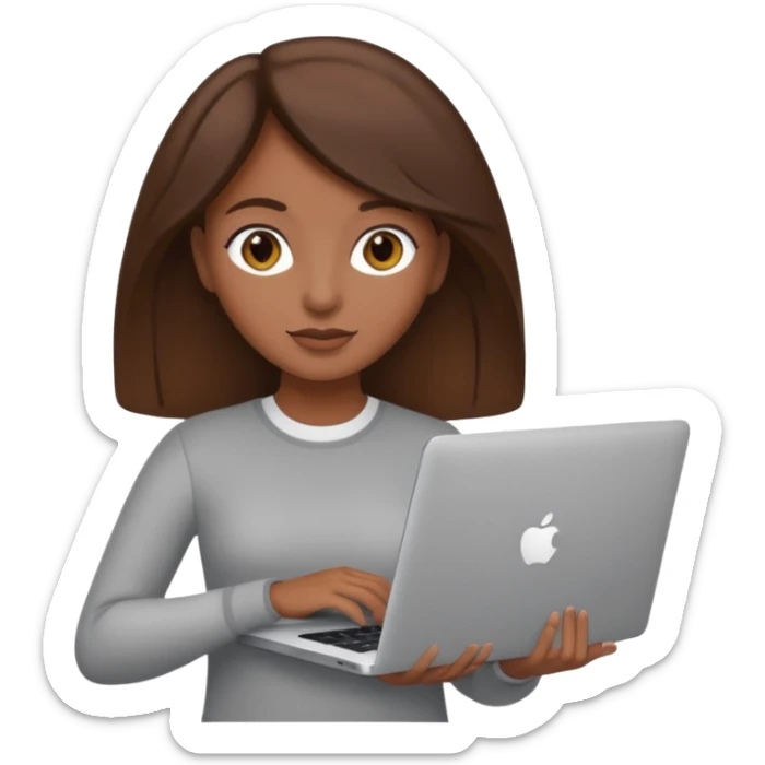 memoji of a brown hair female with a grey laptop in front, apple-style, modern sticker