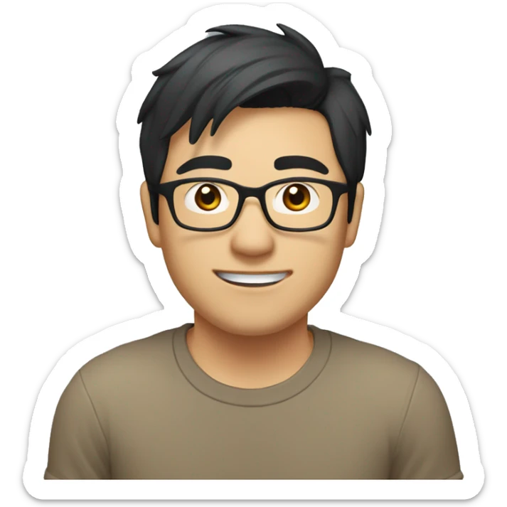 A head and shoulders shot of a 33 year old Asian man, with short black hair,  wearing glasses with brown eyes wearing a t-shirt. sticker