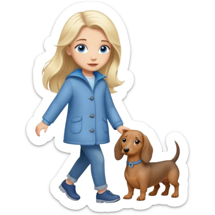 blonde girl with long hair and blue eyes walks with a gray dachshund sticker