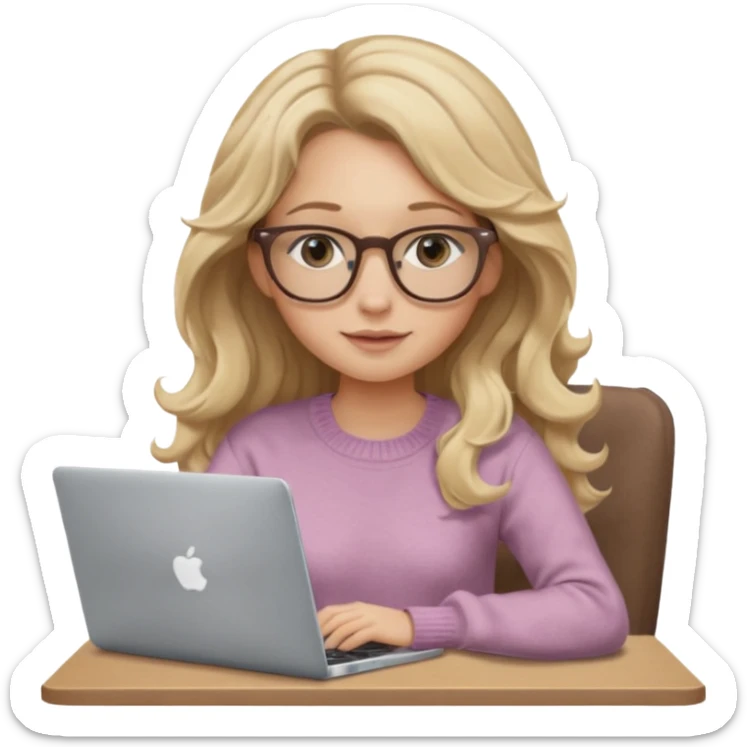 blonde girl with long dark blonde wavy hair, pantos-style glasses, a brown sweater, sitting with a laptop, soft pastel, upper body shot sticker
