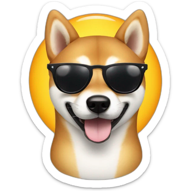 A shiba dog wearing black sun glasses with black lenses and smiling sticker
