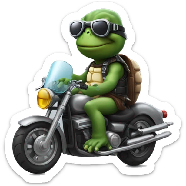 A cartton turttle on a motorbike with a jet helmet and glases, making a V eith the hand sticker