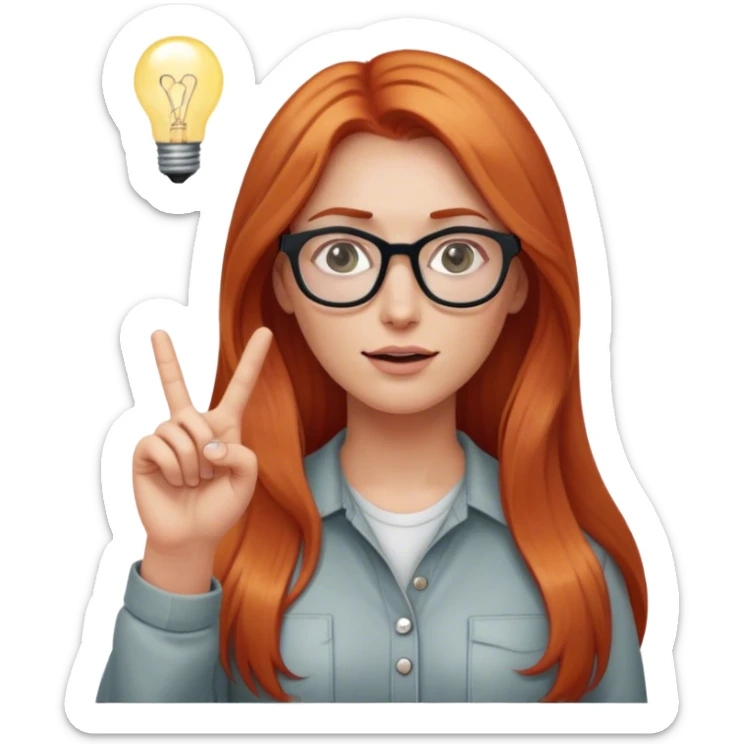 intelligent and clever, 30 year old, girl, long red-blond hair, glasses, has an idea and holds her finger in the air, light bulb over the head, casual cloth  sticker