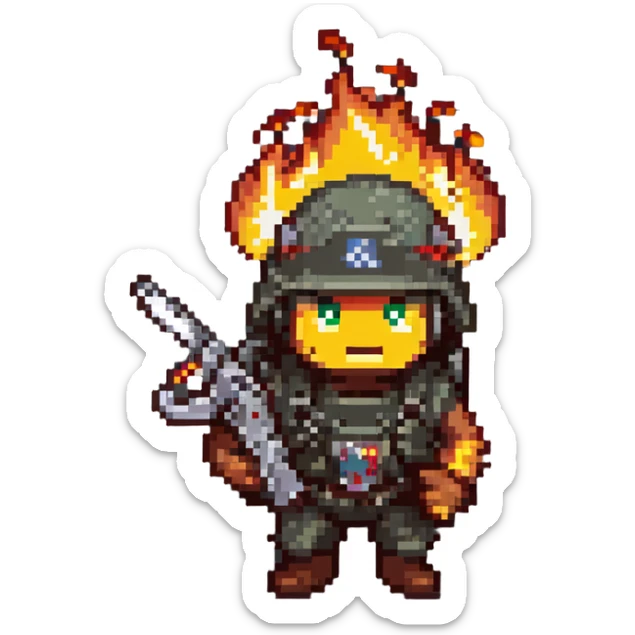 worm from Worms game wearing an army helmet and holding a flamethrower sticker