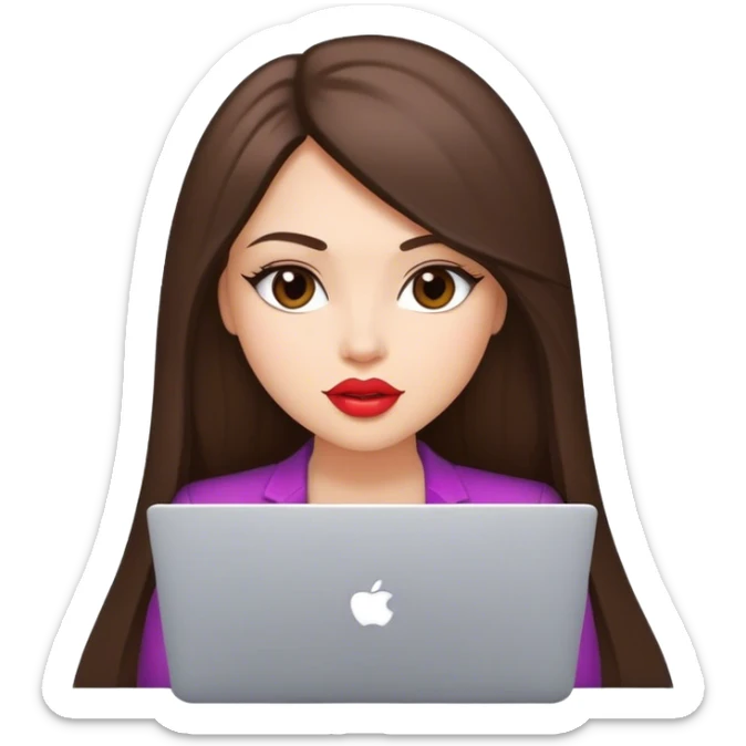 Glamour, with plump lips, beautiful sexy girl, with long straight brunette hair, with laptop sticker