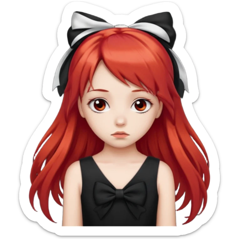 red long twin tail hair girl with black bow on her hair wearing black dress with a sad face sticker