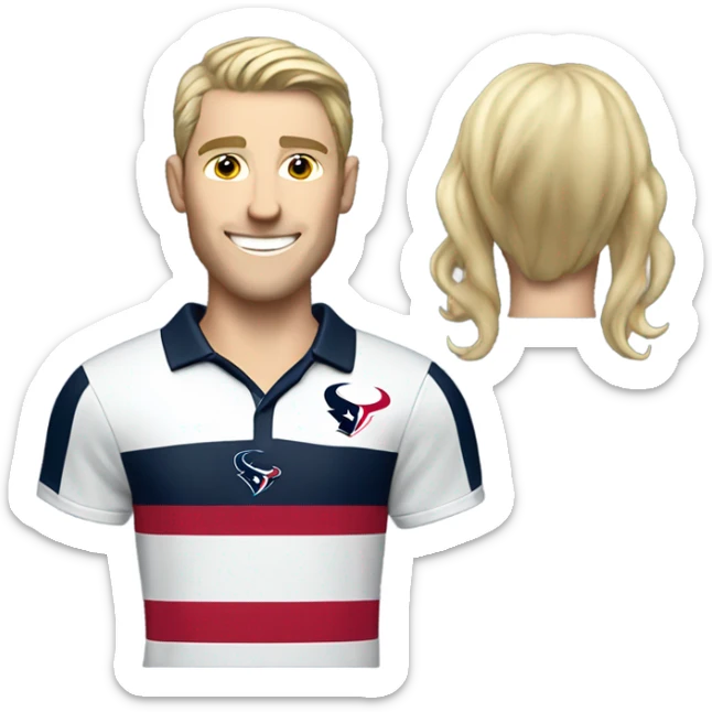 Skinny Caucasian male blonde combed over hair smiling wearing a Houston Texans polo sticker