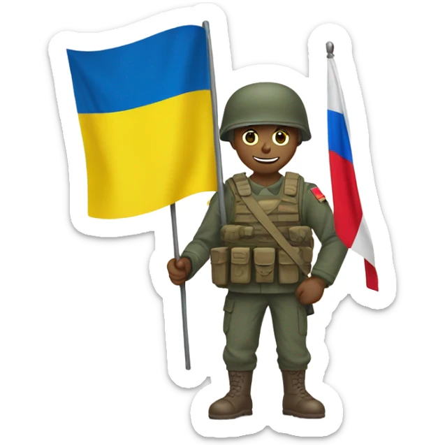 a soldier who holds the Russian flag in one hand and the Ukrainian flag in the other hand sticker