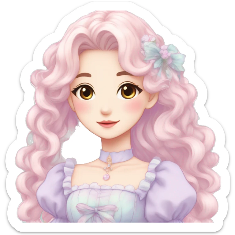 Gorgeous pastel anime style lady with blushing face and a dress cottagecore fairycore pastelcore colorful pearly romantic simplistic aesthetic trending style sticker