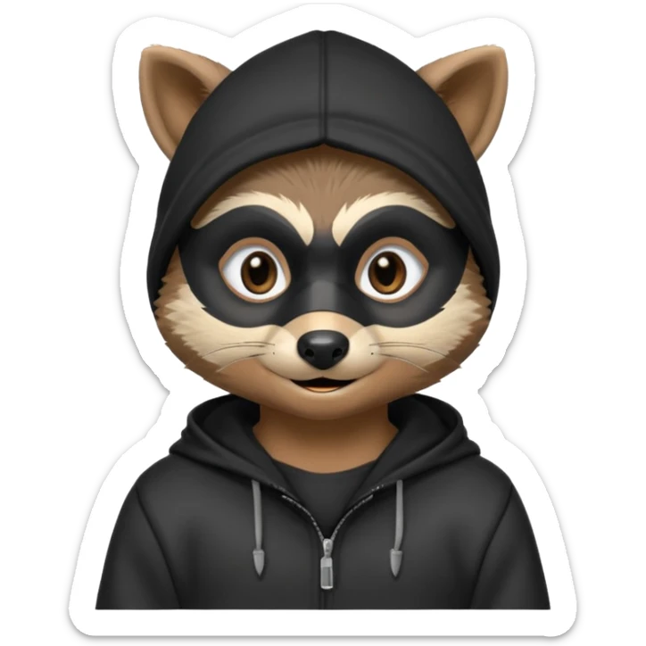 thief raccoon portrait, head and shoulders only, black burglar mask markings, sneaky smile, dark hoodie collar, mischievous eyes, 3D cartoon, mobile game icon style, clean background, no text, no watermark
 sticker