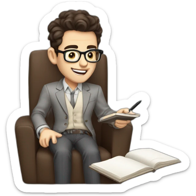 Pale skinned Fit Man With dark brown hair in gray jacket, beige office shirt, Brown pants and vintage glasses sitting In a soft chair with a notebook and a pen Fooling with his tongue sticker