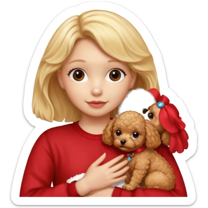 Blonde girl hugging a apricot female toy poodle and small red male toy poodle puppy sticker