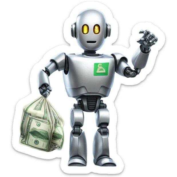 A robot holding a bag of money, symbolizing automated promotion. sticker