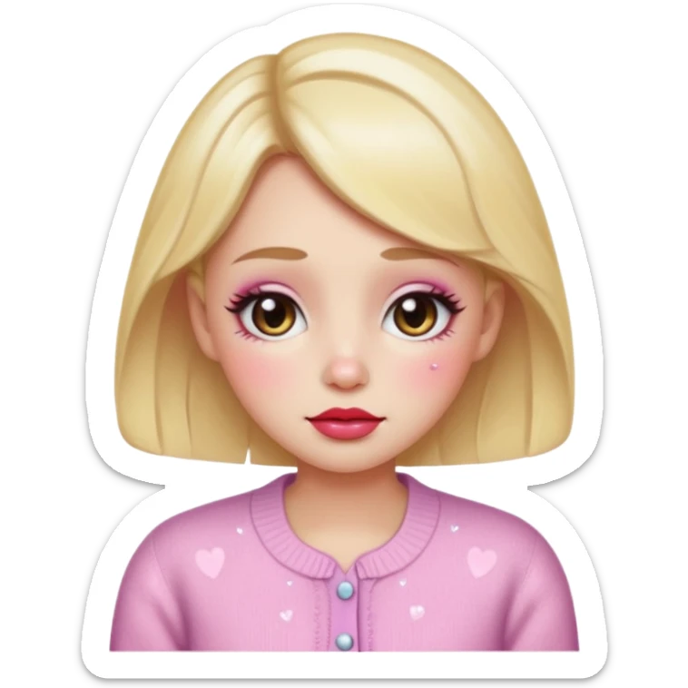 “Emoji girl, dewy skin, heavy blush across cheeks and nose bridge, glossy cherry lips, soft puppy eyeliner, teary sparkling eyes, pastel cardigan.” sticker
