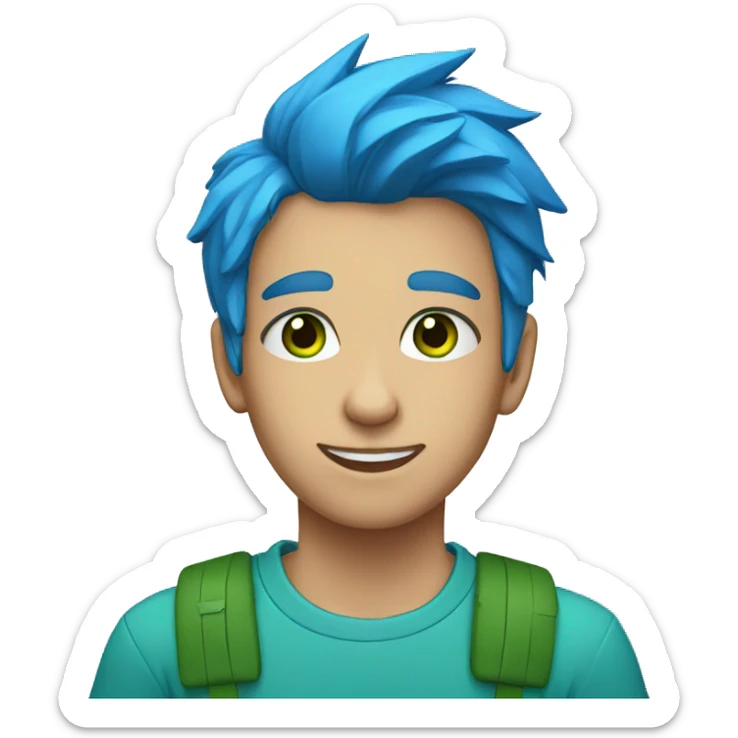 A teenager of a bright blue hair and green eyes with a blue t-shirt sticker