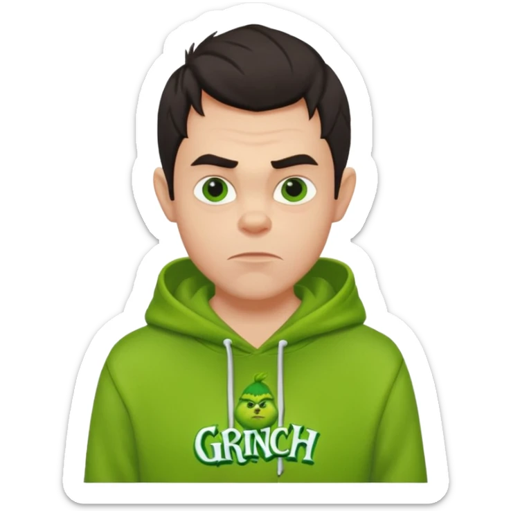 Create an avatar of white European with dark hair  male in hoodie with ``BST`` letters on it. Make background to look like from movie Grinch sticker