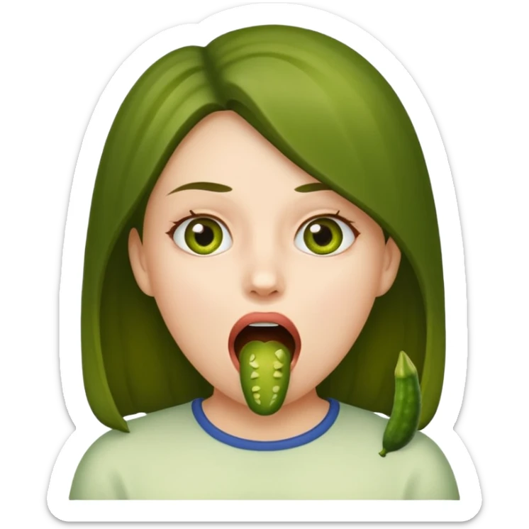 A girl opening her mouth insanely wide with a pickle inside her mouth  sticker