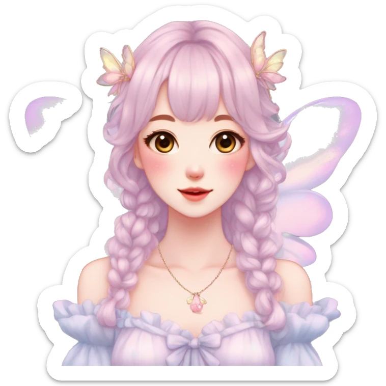 Gorgeous pastel anime style lady with blushing face and fairy wings necklace cottagecore fairycore pastelcore colorful pearly romantic simplistic aesthetic trending style sticker