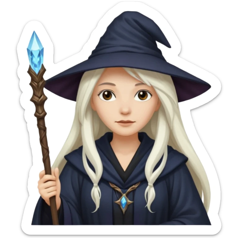 White Long Haired Women, Sorceress with staff — flowing white hair, calm face. sticker