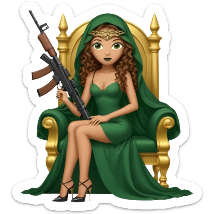Drug dealer female green eyes symbol.  hair is brown curly long hair. sexy long with long dress and face veil on that covers her mouth only. black stiletto platform high heels shoes on. Holding sniper rifle sitting on a gold throne. sticker