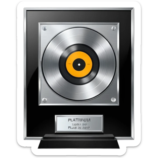 A platinum music award plaque: a square, polished platinum plate with a subtly textured, mirror-like finish, mounted on a simple dark metal base. The center features a relief of a or stylized vinyl record in a slightly darker metallic tone.  sticker