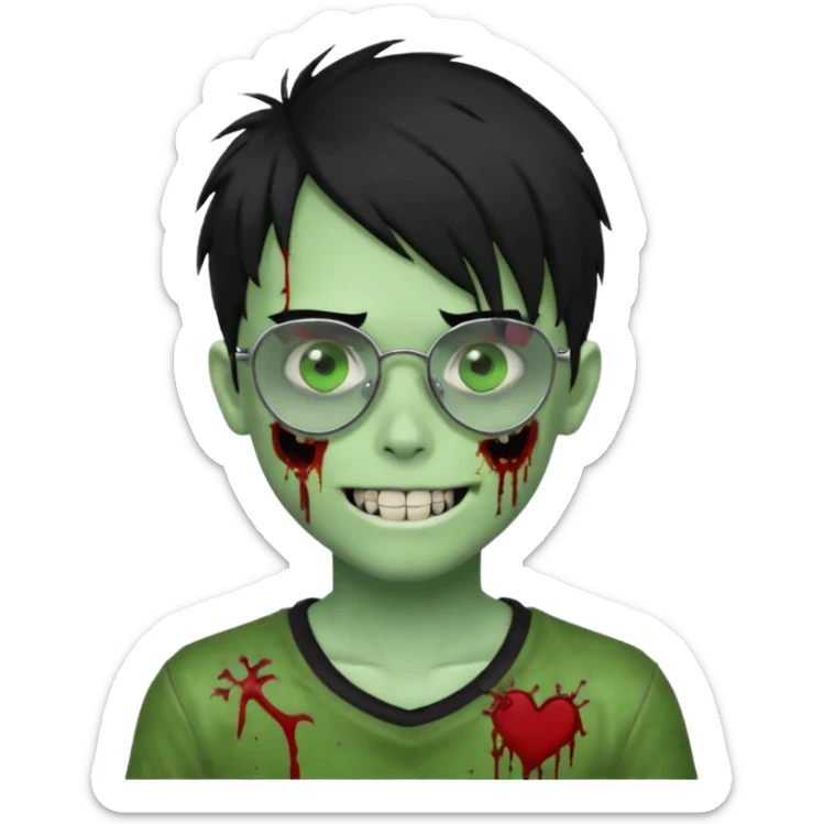 Zombie emo boy, green skin and black hair, chrome heart glasses and a scary smile, scars and blood under eyes sticker
