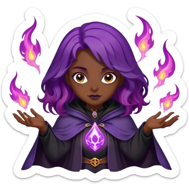 A dark sorceress with wavy purple hair, wearing a black cloak, summoning violet flames sticker
