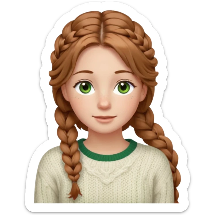 light brown hair hazel/green eyes woman with a white cable knit sweater and one braid down her back  with tendrils of hair flowing down her face and she is happy pale, some freckles, blush. she has a cateye wing and long lashes sticker