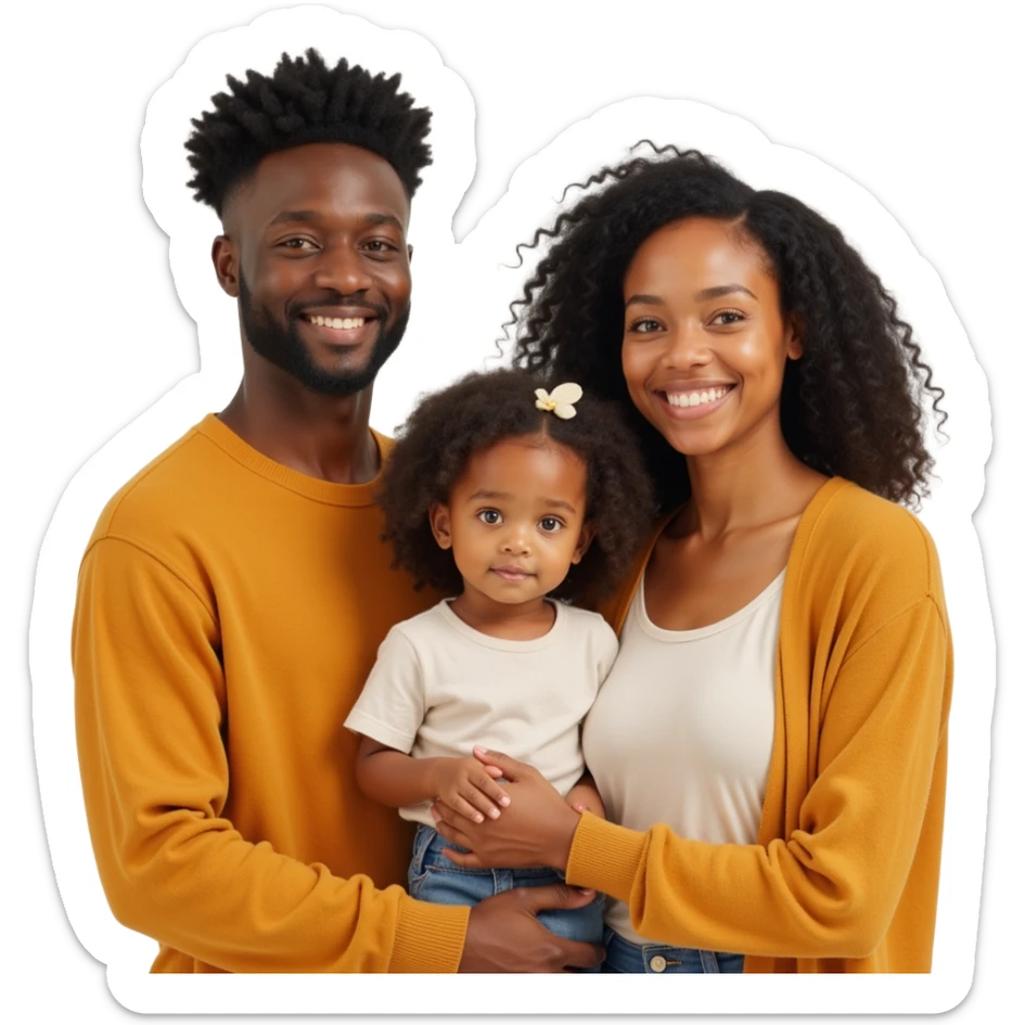 closeup front angle shot of a diverse family with two adults and a child, detailed lifelike textures, soft background, skeuomorphism style sticker