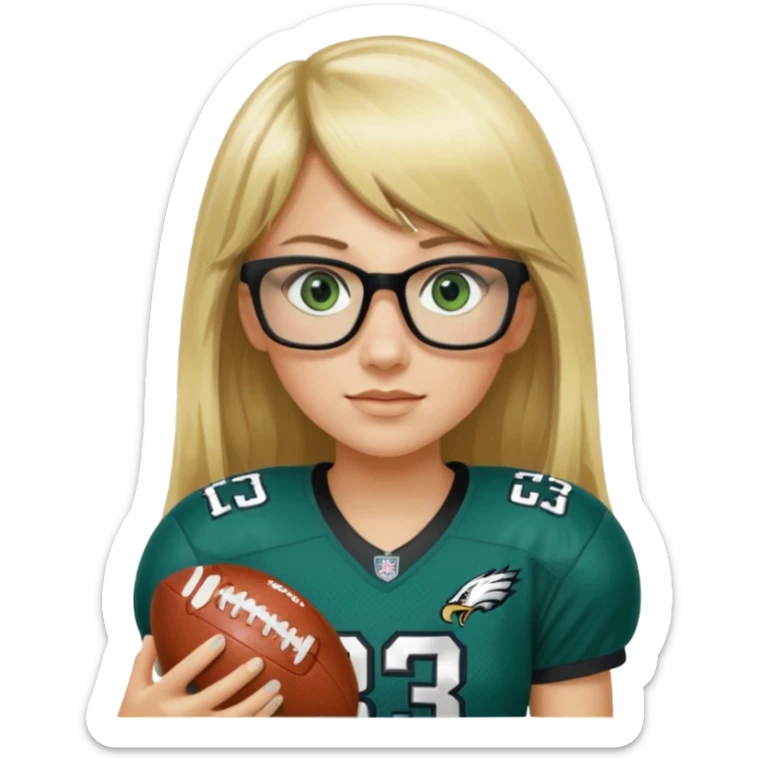 long blonde hair with bangs small black rectangle glasses female green eyes football player wearing eagles jersey number 33 holding football sticker