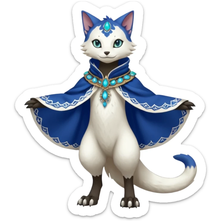 Kawaii cute beautiful pretty elegant divine edgy feline-vernid-sergal-Fakémon-Pokémon-Digimon-fursona-animal-creature, full body, with intricate detailed markings, Embroidered capelet, silken shawl sticker