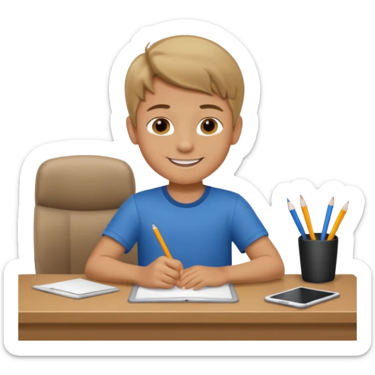 Little nice boy straight a student dark blonde hair tan skin sitting in desk with a really big smile sticker