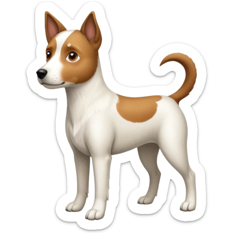 a full body large white parson russell looking dog the size of a kelpie with light brown flopped down ears and a light brown patch on one eye and a large snout sticker