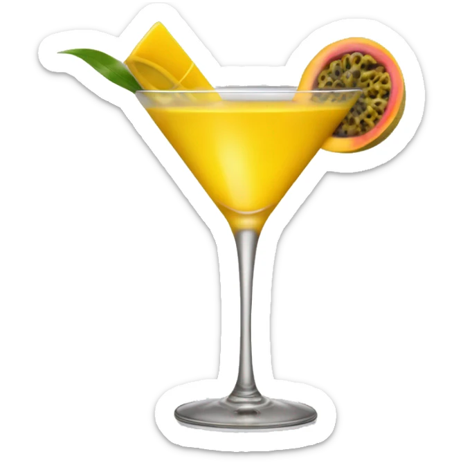 A yellow cocktail in a rounded martini glass with a passion fruit garnish sticker