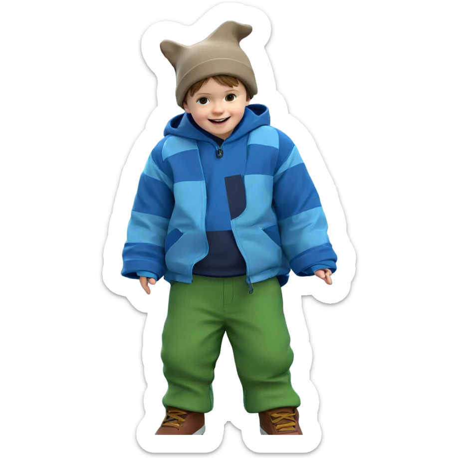 smiling boy with car hat sticker