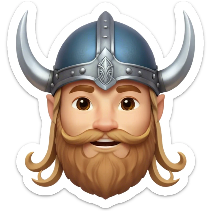 Clash of Clans aesthetic: Cinematic Playful Viking Portrait Emoji, Head tilted with a cheeky grin and twinkling eyes, featuring a compact, charming build with a modest, stylized Viking helmet and a playful beard, his face rendered in natural skin tone, Simplified yet irresistibly charming features, highly detailed, glowing with a warm, inviting radiance, high shine, spirited and lively, stylized with an air of whimsical Nordic mischief, soft glowing outline, capturing the essence of a playful Viking exuding friendly rogue charm! sticker