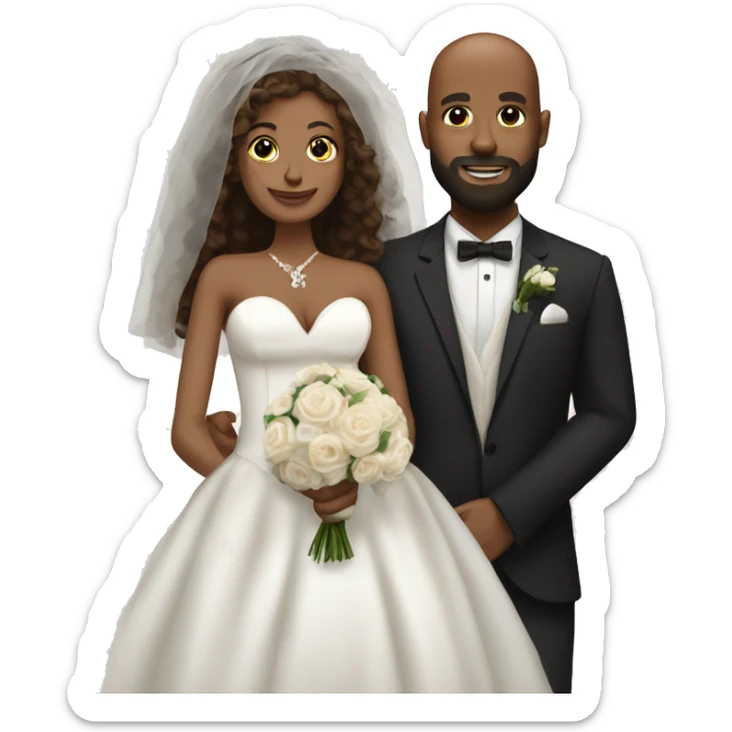 Black bald man with a beard and his wife with long, brown, curly hair on their wedding day sticker