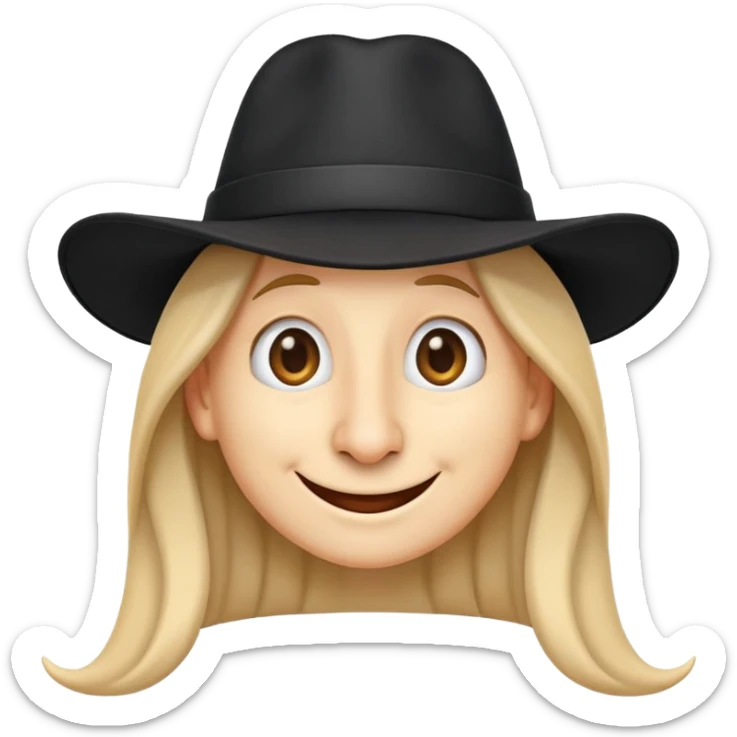 emoji character with long nose, long hair, black hat, happy facial expression sticker