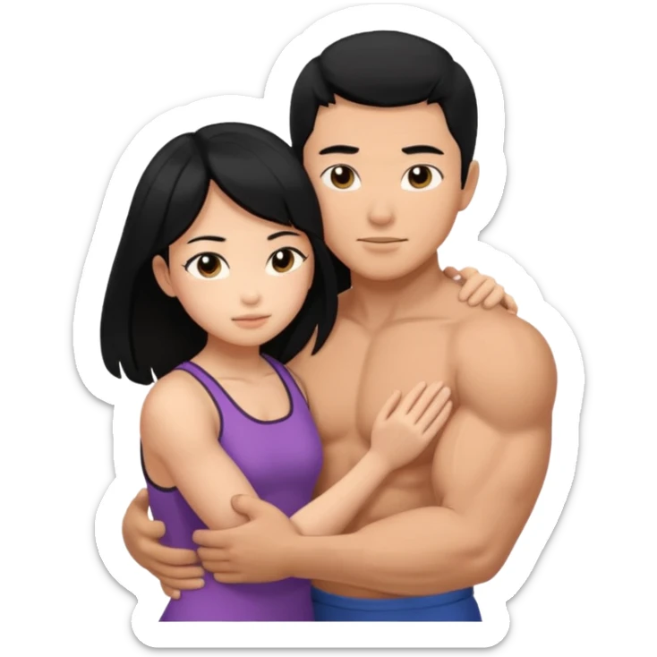 muscle Asian Man black hair hugging girl with black hair sticker