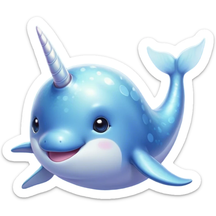 Cinematic Cute Cute Narwhal Portrait Emoji, Head tilted playfully and inquisitively, featuring a charming, sleek body with softly iridescent skin, a prominently spiraled tusk and large, twinkling eyes full of gentle wonder, Simplified yet irresistibly adorable features, highly detailed, glowing with a warm, inviting ocean glow, high shine, affectionate and lively, stylized with a touch of magical sea whimsy, soft glowing outline, capturing the essence of a mischievous yet endearing cute narwhal that seems as if it could frolic out of the screen into your heart! sticker
