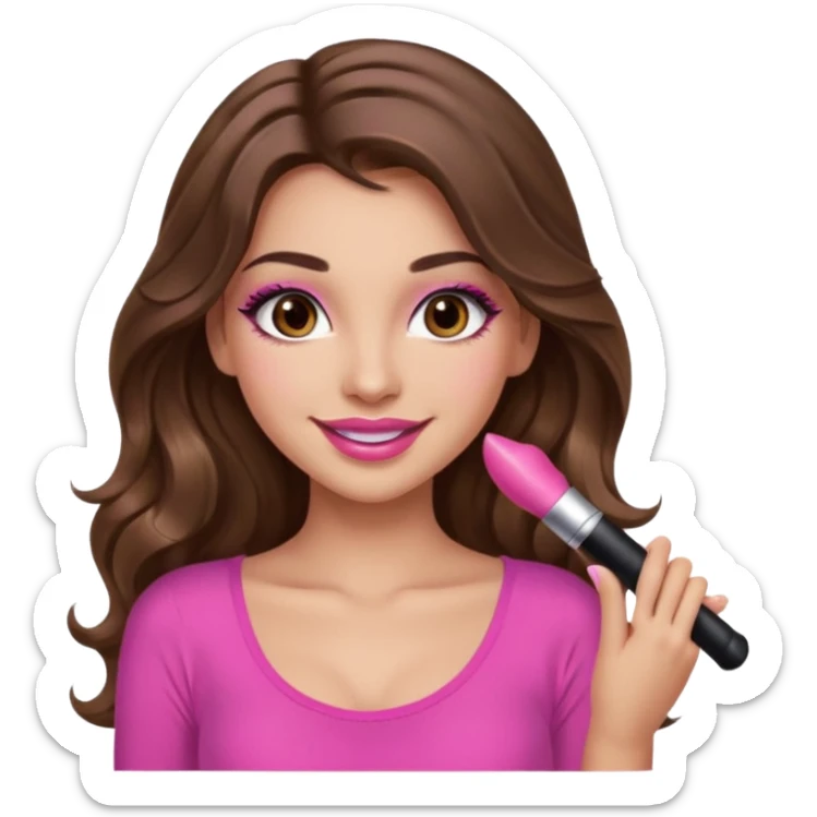 girl with long wavy brown hair, brown eyes, long lashes makeup, sexy pink lips, light to medium complexion, wearing a pink sexy top, smiling sticker