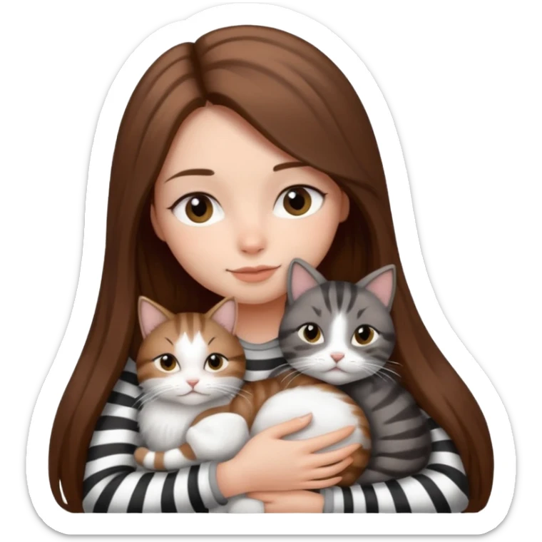pretty girl with long brown hair snuggling 3 cats: grey and white, brown striped and black and white sticker