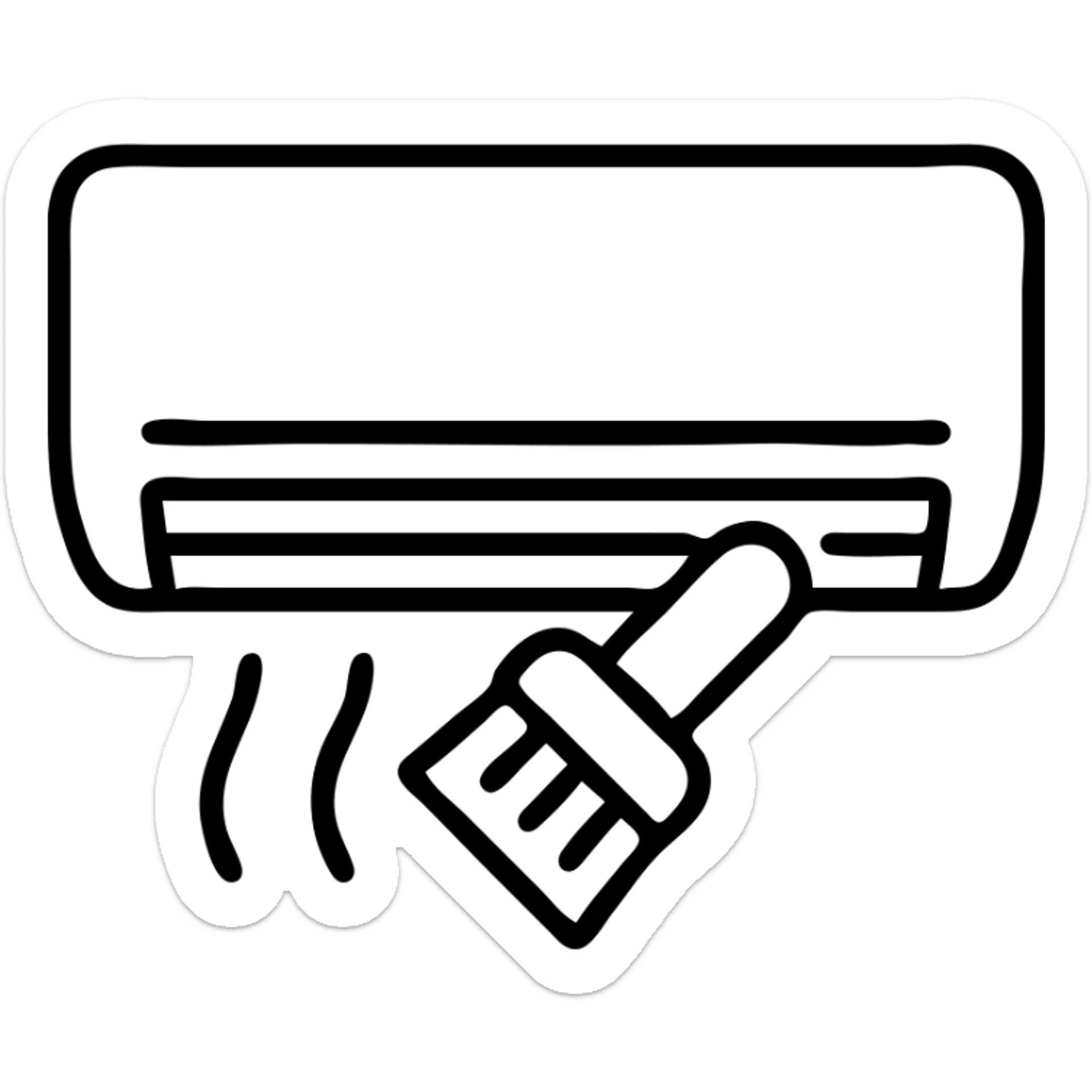 outlined icon of air conditioning cleaning with an AC unit and a cleaning brush sticker