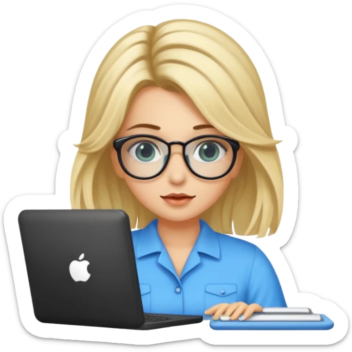 ragazza bionda con capelli lunghi, con occhiali tartarugati, occhi azzurri che lavora al pc sticker
