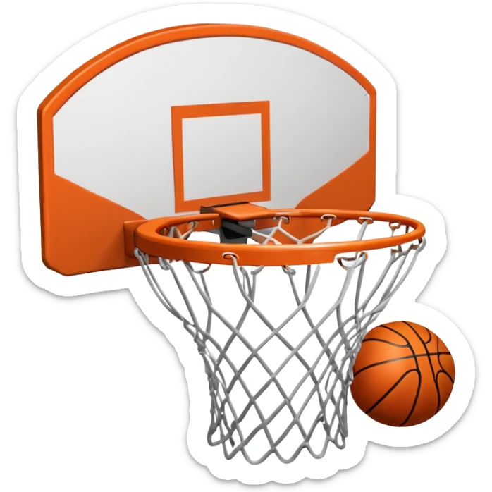 A close-up of a basketball shield and hoop with the ball swishing through the net, captured mid-air. The background emphasizes the tension and excitement of the moment, with the rim and net in sharp focus, showcasing the precision and skill of the sport. sticker