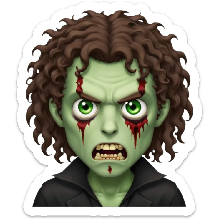 long curly haired male zombie with brown hair color and green eye color, with dark vampire clothes and angry face emotion sticker
