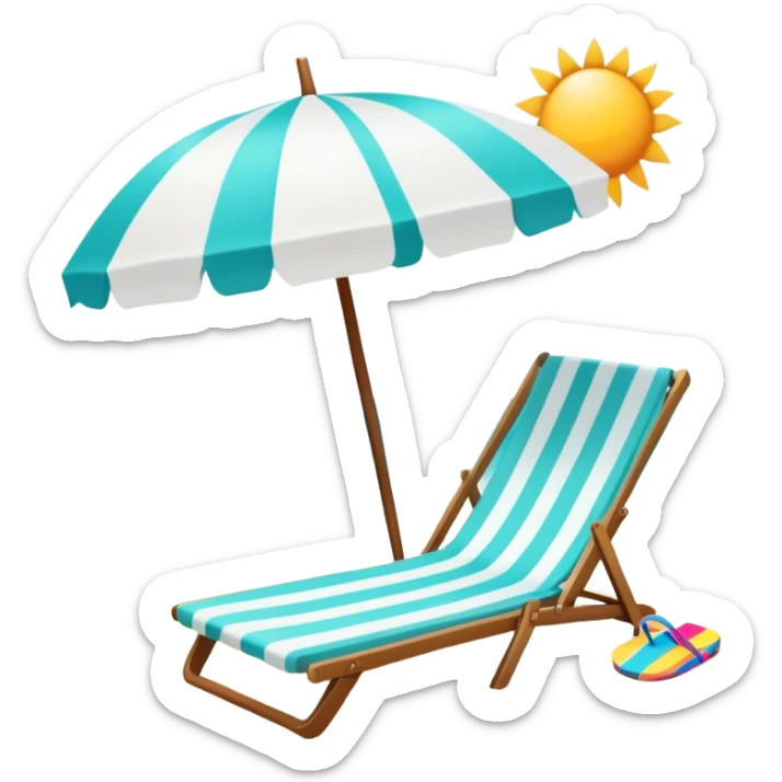 Vibrant Icon for Beach Tourism: a sunny beach with the sea, a lounge chair, a sun umbrella, and flip-flops. The icon should capture the essence of a relaxing beach vacation with a carefree atmosphere. Transparent background. sticker