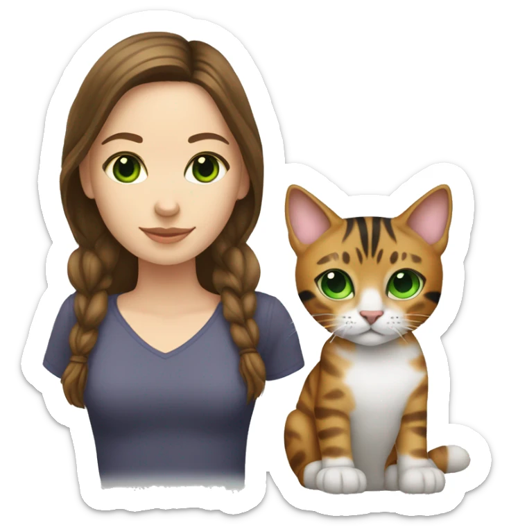 White skin girl with brunette hair with bengal cat with green eyes sticker